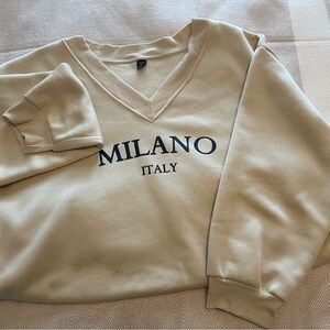 SHEIN Cream V-Neck Sweatshirt with MILANO ITALY Print